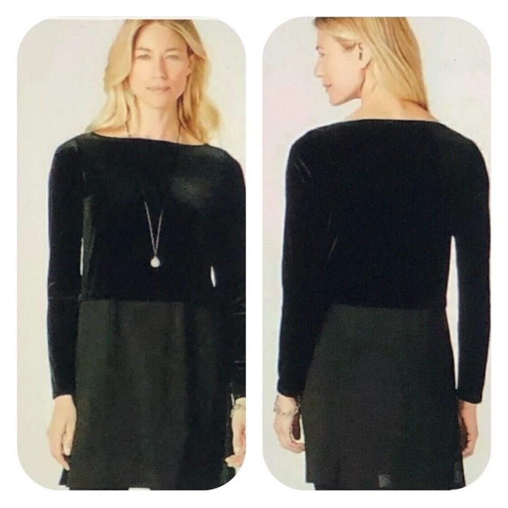 J Jill Wearever Black Velvet Knit Mixed Media High Vents Tunic Blouse Sz Medium